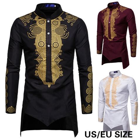 Mens Stylish Stand Up Collar Dashiki Mid Long Shirt Luxury African