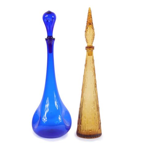Lot Two Mcm Glass Genie Bottle Vases Cobalt Blue Hand Blown And Amber Textured Made In Italy