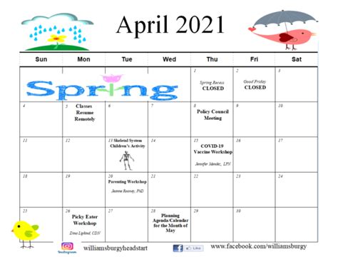 April Calendar Ym And Ywha Of Williamsburg Inc Head Start
