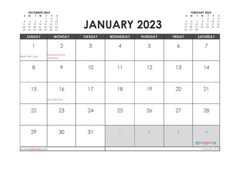January 2023 Calendar With Holidays Printable 23296