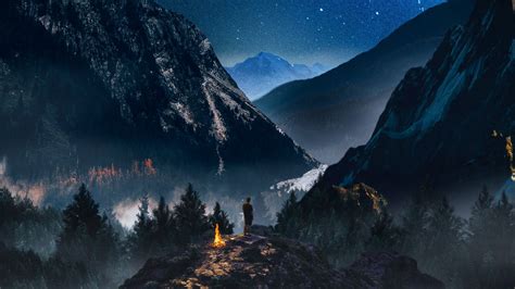 Download Wallpaper 1920x1080 Mountains Starry Sky Loneliness