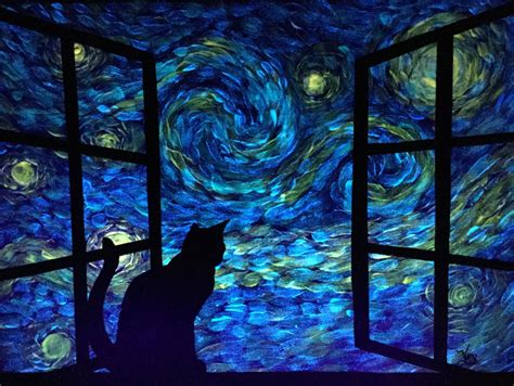 Glow In The Dark Cat Painting Starry Night Sky Glowing Art Cat Etsy