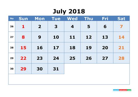 July 2018 Calendar With Week Numbers Printable 1 Month Calendar