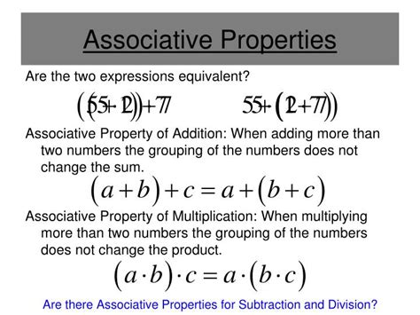 This law holds for addition and multiplication but it doesn't hold for subtraction and division. PPT - Algebraic Properties PowerPoint Presentation - ID ...