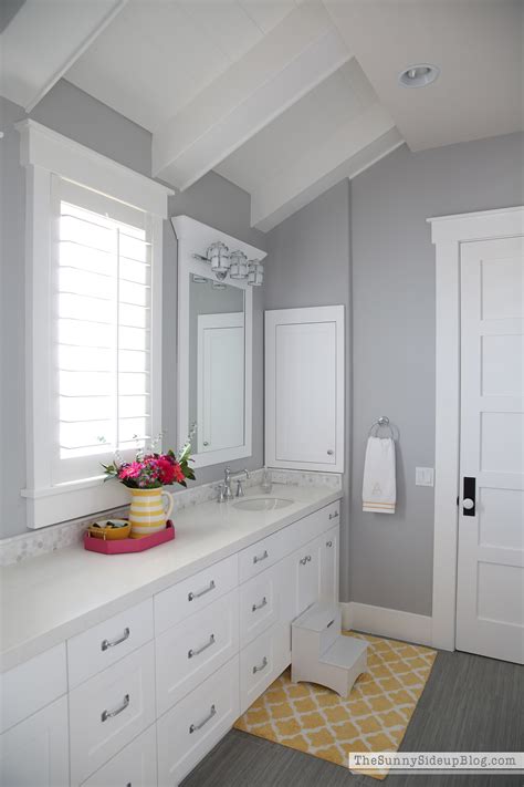 Painting the trim and ceiling the same color as the walls can give the bathroom an. Girls' bathroom decor | Grey bathroom paint, Girl bathroom ...