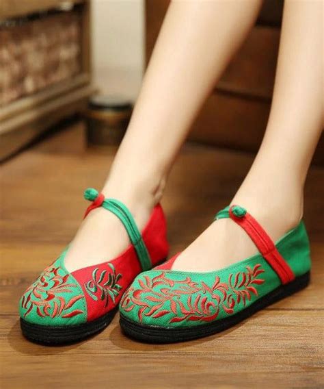 Green Flat Shoes Embroideried Cotton Fabric Women Splicing Flat Shoes Green Flats Shoes Shoes
