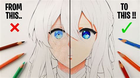 Two Pictures With Different Colored Pencils Next To Each Other And One Has An Anime Character