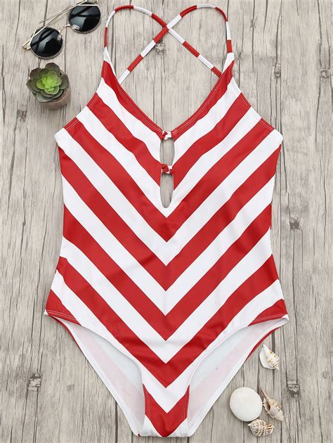 21 Off 2020 Chevron Stripe Shaping Plunge One Piece Swimsuit In Red