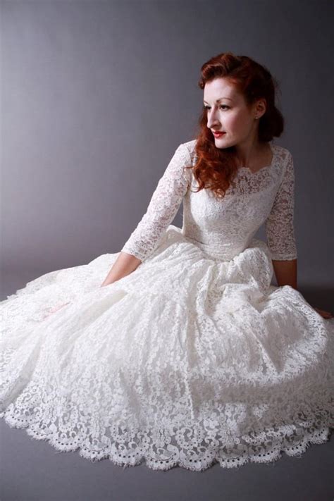 Vintage 1950s Tea Length New Look Wedding Dress Of Chantilly Lace