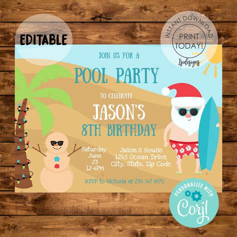 A party is a gathering of people who have been invited by a host for the purposes of socializing, conversation, recreation, or as part of a festival or other commemoration or celebration of a special occasion. July Christmas Invitation Editable Summer Santa Invite ...