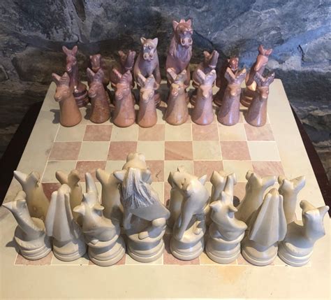 Hand Carved African Animal Chess Set 14 Inch With Banana Etsy