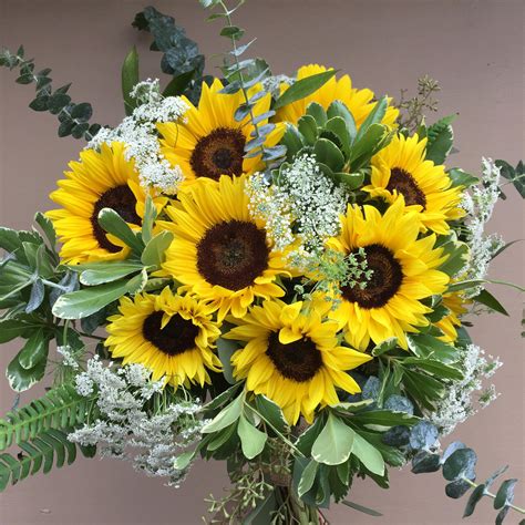 Beautiful Sunflower Bridal Bouquet With Spiral Eucalyptus Queen Annes