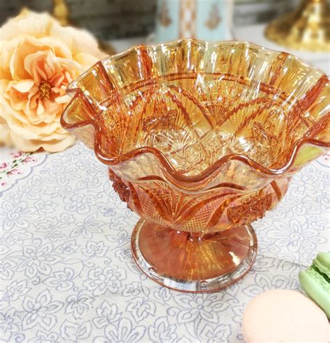 Vintage Metallic Iridescent Orange Carnival Glass With Scalloped Edged Compote Serving Dish