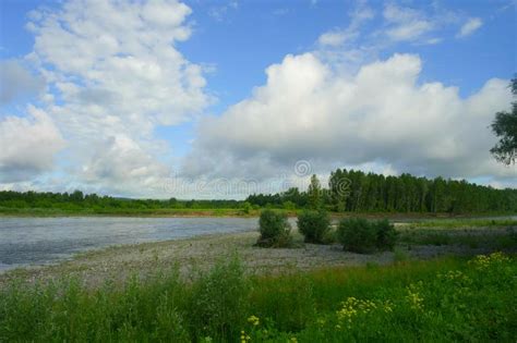 Landscape Blue River Flows Along The Banks Is Bright Green Grass And