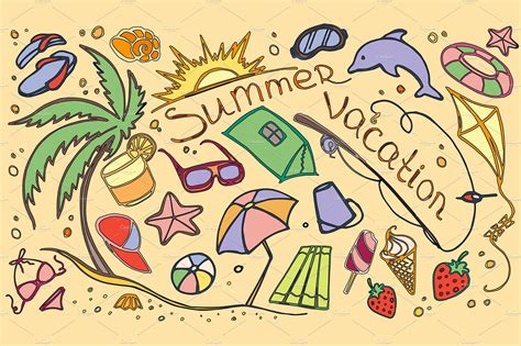 Doodle Vector Set Of Summer Vacation Pre Designed Illustrator