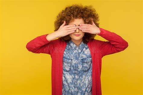 Don`t Want To Look Portrait Of Scared Woman With Curly Hair In Casual