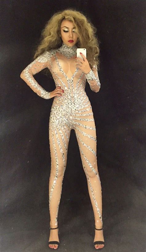 Women New Silver Full Of Sparkly Crystals Jumpsuits Long Sleeve
