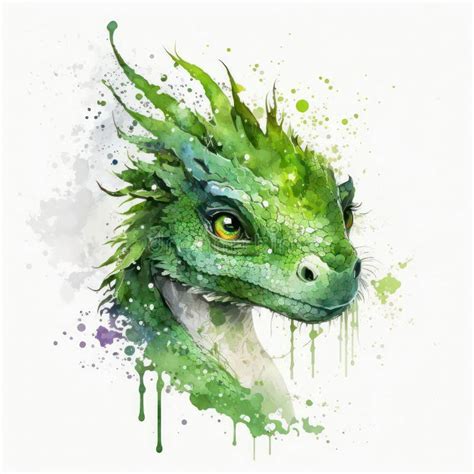 Watercolor Painting Of A Green Dragon With Paint Splatters Stock