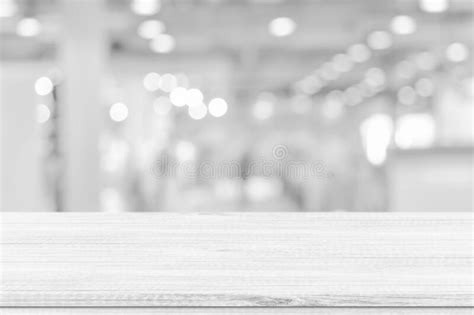Empty White Wooden Table Over Blurred Store Bokeh Background Banner