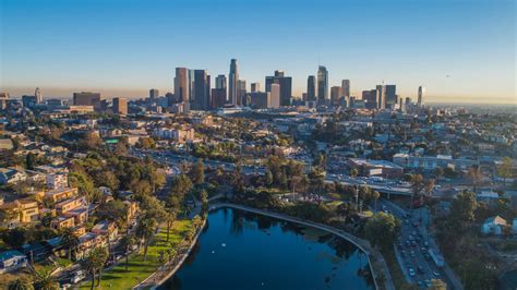 Cinematic Urban Aerial Timelapse Of Downtown Los Angeles Skyline With