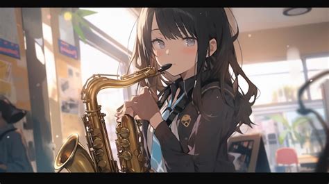 Premium Ai Image Anime Girl Playing A Saxophone In A Public Place