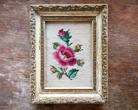 Small Framed Cross Stitch Rose And Rosebud Light Background Wall Hanging Flower Art