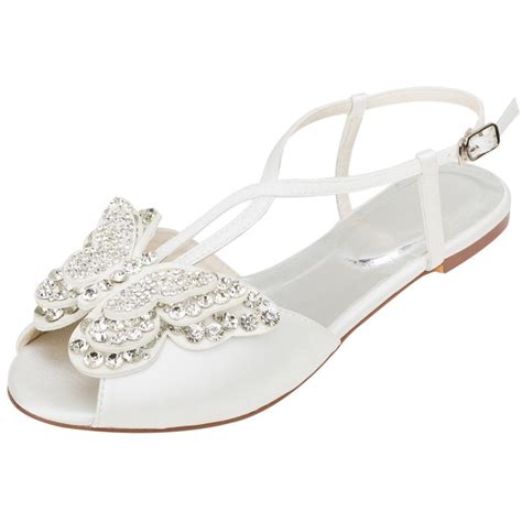 Peep Toe Flats Flat Heel White Satin With Beaded Wedding Shoes