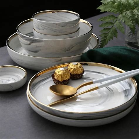 European Marble Shined Ceramic Dinner Plate In Dishware Sets