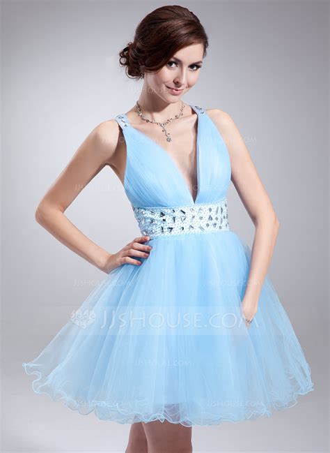 A Line Princess V Neck Short Mini Tulle Homecoming Dress With Ruffle