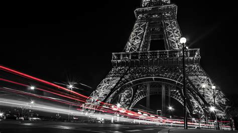 Black And White Picture Of Paris Eiffel Tower And Red Lights On Road