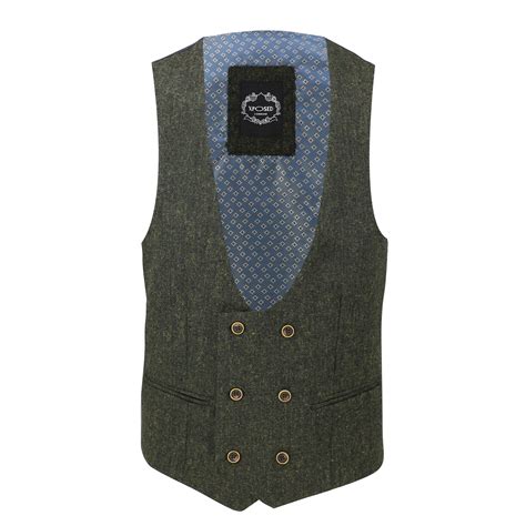 Mens Waistcoat Double Breasted U Cut Herringbone Tweed Check Velvet