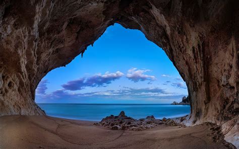 Nature Beach Cave Sand Rock Sea Clouds Blue Morning Coast