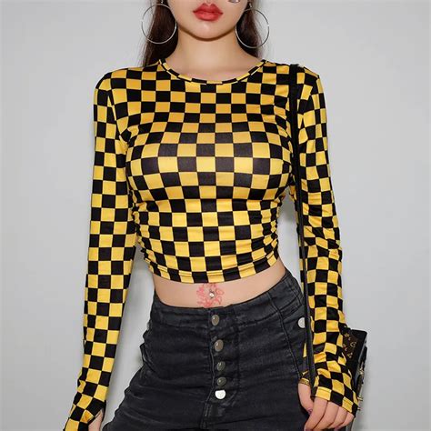 Vogue Checkerboard Crop Top T Shirt Women Vogue Korean Long Sleeve Shirt Femme Autumn 2018 Sexy
