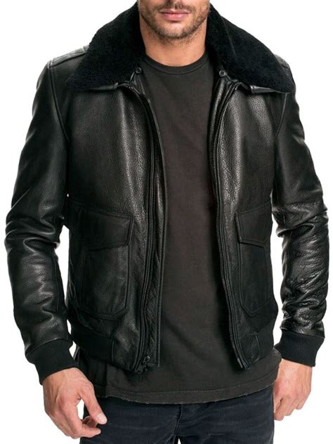 Buy Mens Air Force Leather Bomber Jacket Fur Collar Black