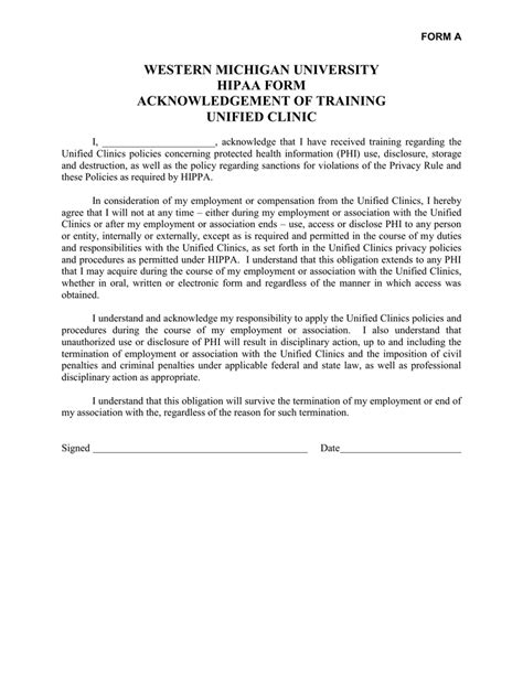 Western Michigan University Hipaa Form Acknowledgement Of Training