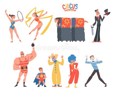 Circus Artist Character With Clown Illusionist And Gymnast With Ribbon