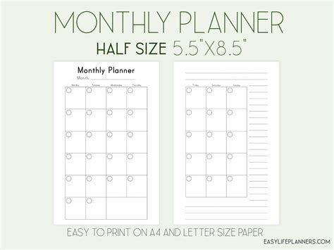 Monthly Planner Printable Half Size Planner Half Letter Etsy