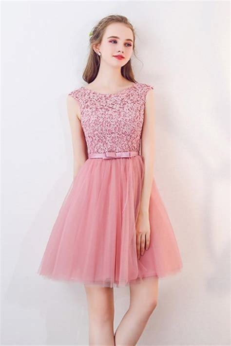 Lace Up Short Pink Lace Tulle A Line Simple Homecoming Dresses Party Dresses Z Simple