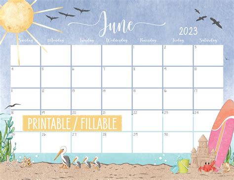 2023 June Printable Editable Calendar Summer Calendar Etsy Canada