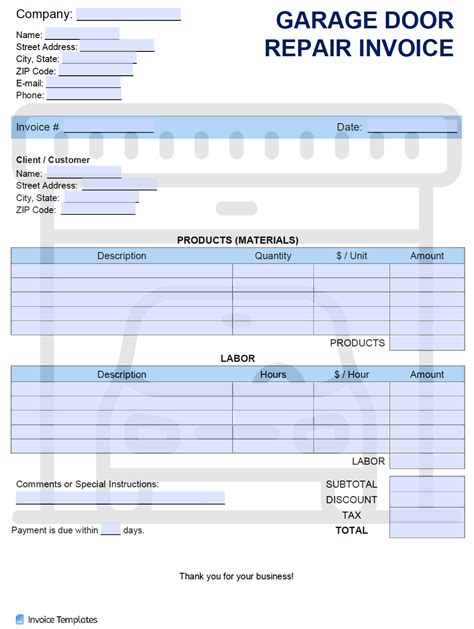 The first table has info about the vehicle and the second one contains info about the product as well as the total amount to be paid. Free Garage Door Repair Invoice Template | PDF | WORD | EXCEL