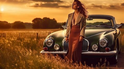 Premium AI Image | A woman stands next to a vintage car in a field
