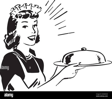 Waitress With Covered Server Retro Clipart Illustration Stock Vector Image And Art Alamy