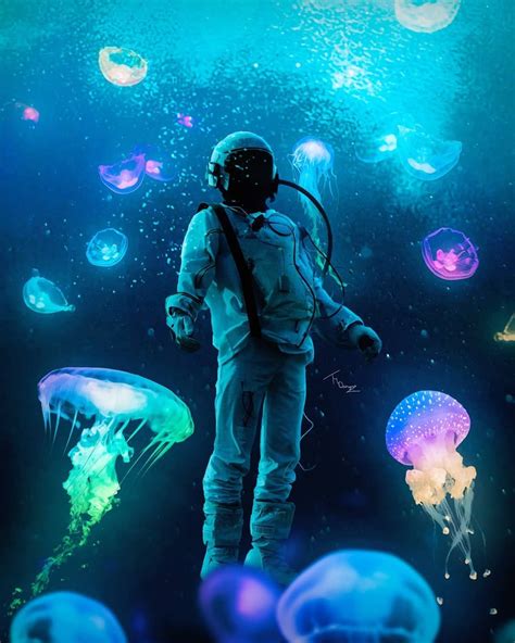Astronaut Under Water Искусство анимации Рисунки Живопись