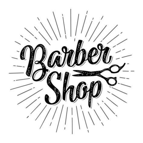 Barbershop letras caligráficas y tijeras vector dibujado a mano vintage