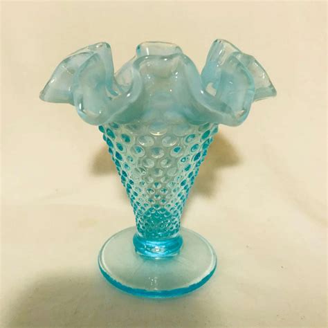 Fenton Hobnail 1950 S Aqua Blue Glass Miniature Ruffle Vase 3 5 8 Tall Opalescent Rim