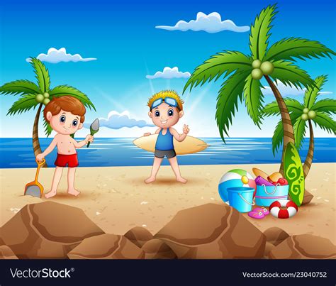 Cartoon Of Two Boy Playing On The Beach Royalty Free Vector