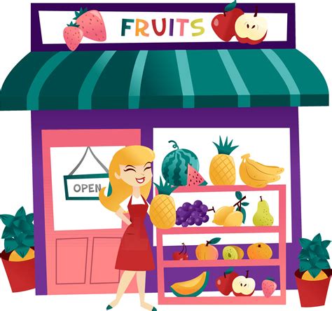 Cartoon Fruits Shop With Storekeeper 2004276 Vector Art At Vecteezy