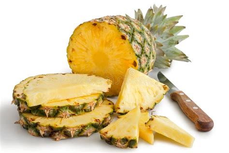 Whole Pineapple Cut Up With Pieces And Knife Stock Image Image Of