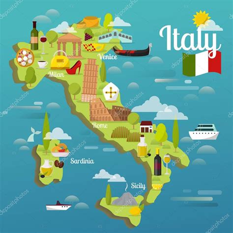 Colorido Mapa De Viaje De Italia Con Símbolos De Atracción Italiano