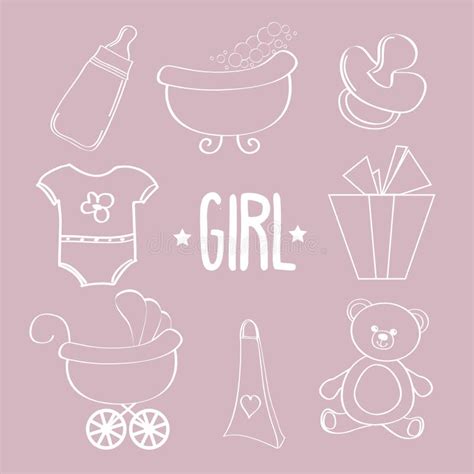 Linear Baby Girl Items Set Stock Illustrations 24 Linear Baby Girl